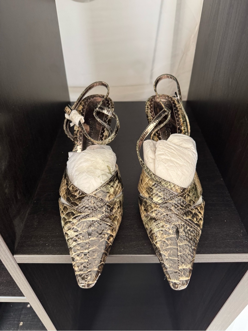 J.Renee Metallic Gold-Brown Snake Print Pointed Slingback Heels